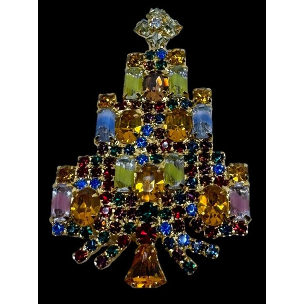 Dominique Signed Vintage Christmas Tree Brooch Pin Candle Design Holiday Jewelry - Picture 2 of 5